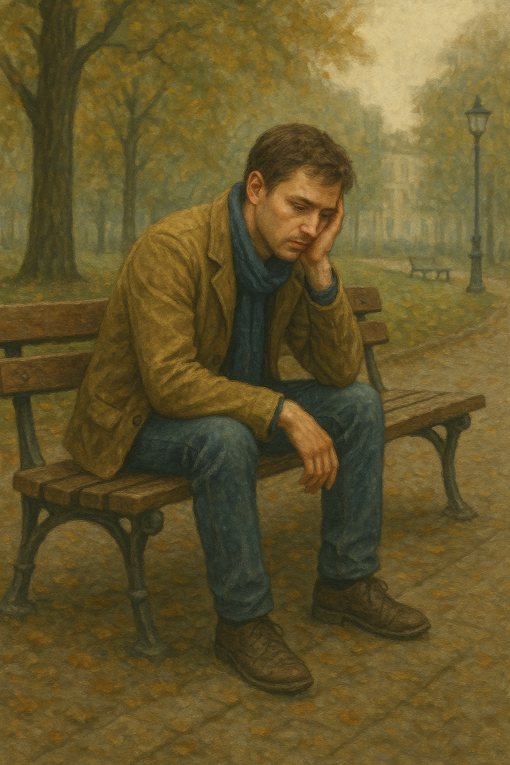 Ławka i siedzący na niej mężczyzna